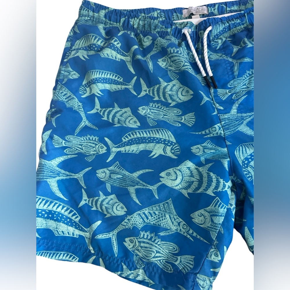 Oceanic Blue Fish Pattern Swim Trunks - Picture 2 of 4